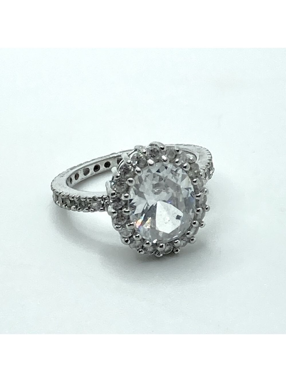 Vtg Sterling & White Cz Hallo Huge Centre Stone Statment Eternity Band Ring Sz 8